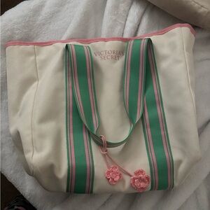 Victoria's Secret Cream Tote with Green and Pink Stripes